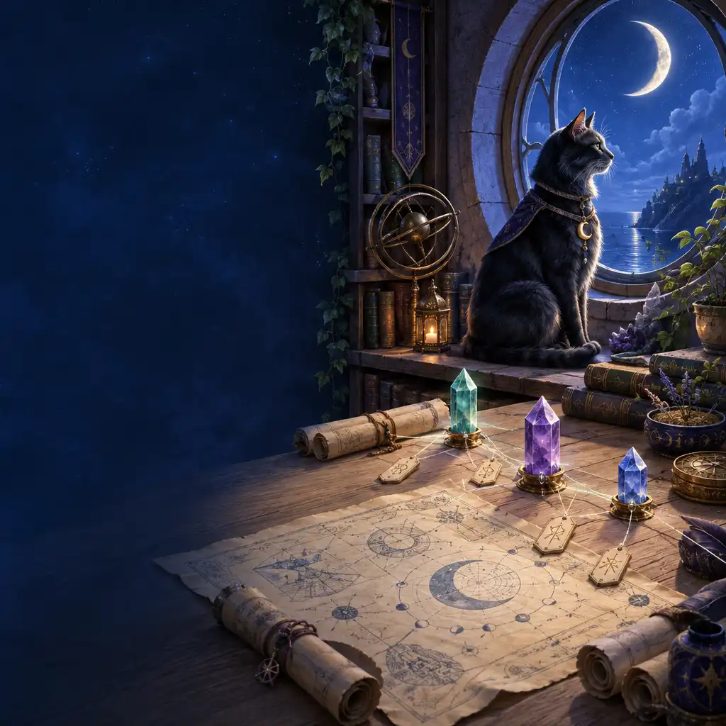 Ilustração editorial de um observatório lunar felino com cristais, etiquetas rúnicas e uma silhueta de gato junto a uma janela.