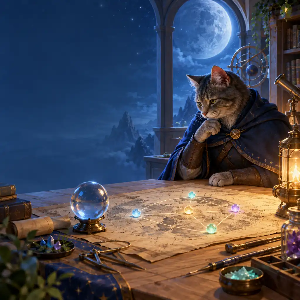 Ilustração editorial de um gato-cavaleiro a consultar um mapa lunar com cinco nós luminosos num observatório