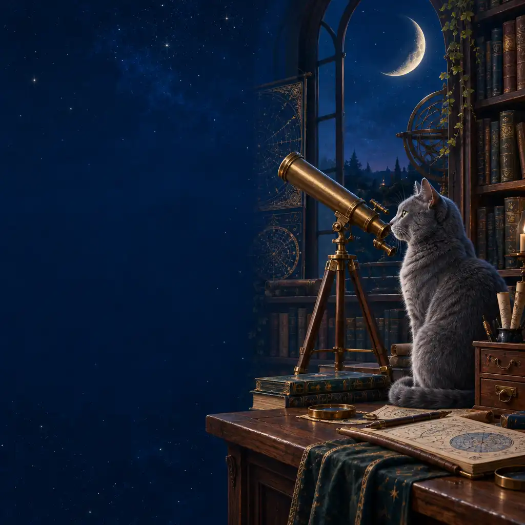 Ilustração editorial de um gato sereno junto de um telescópio numa biblioteca-observatório nocturna.