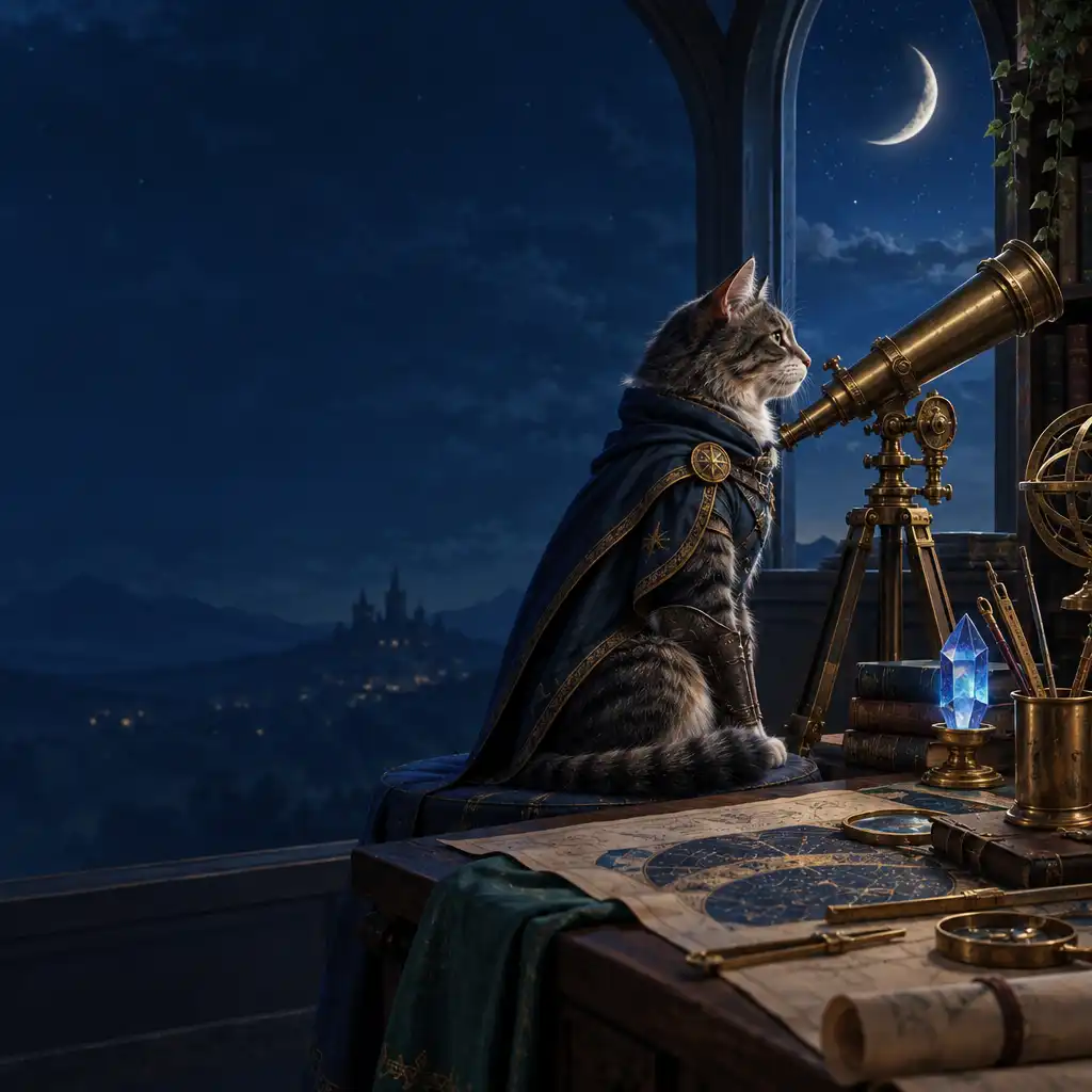 Ilustração editorial de um gato cavaleiro junto a um telescópio num observatório iluminado pela lua.