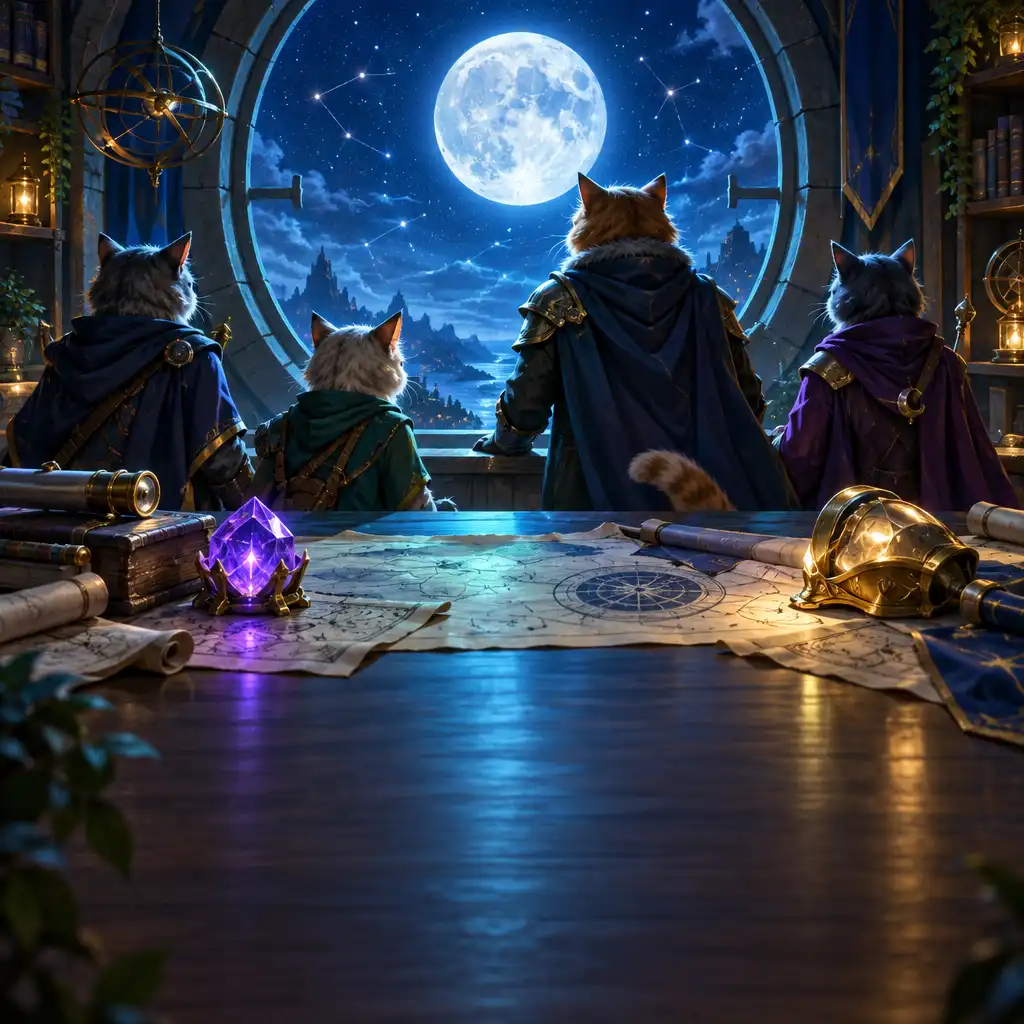 Arte editorial de gatos cavaleiros num observatório de guilda diante de uma lua cheia