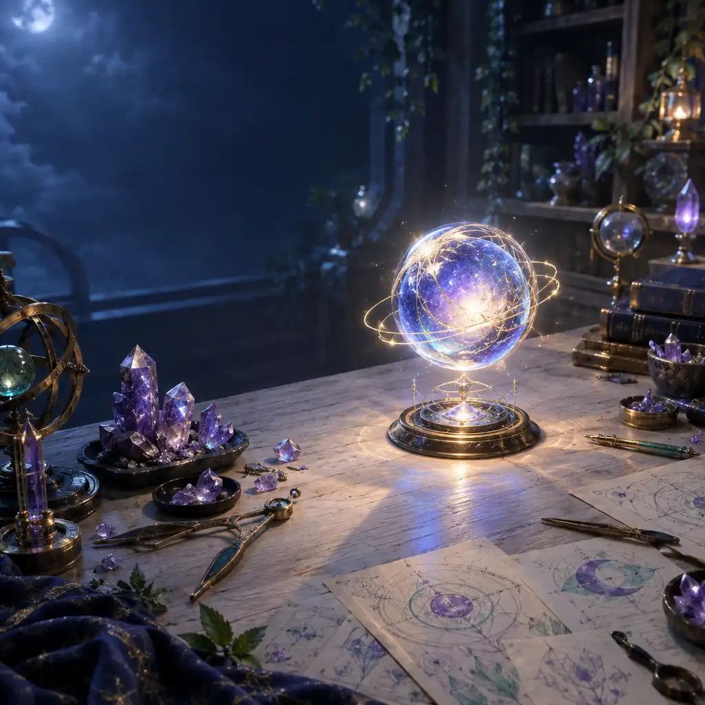 Arte editorial de um Magic Orb luminoso numa oficina mágica organizada