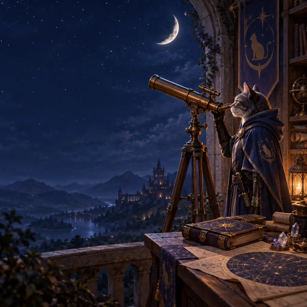 Ilustração editorial de um gato cavaleiro num observatório nocturno, junto a um telescópio e uma lua crescente.