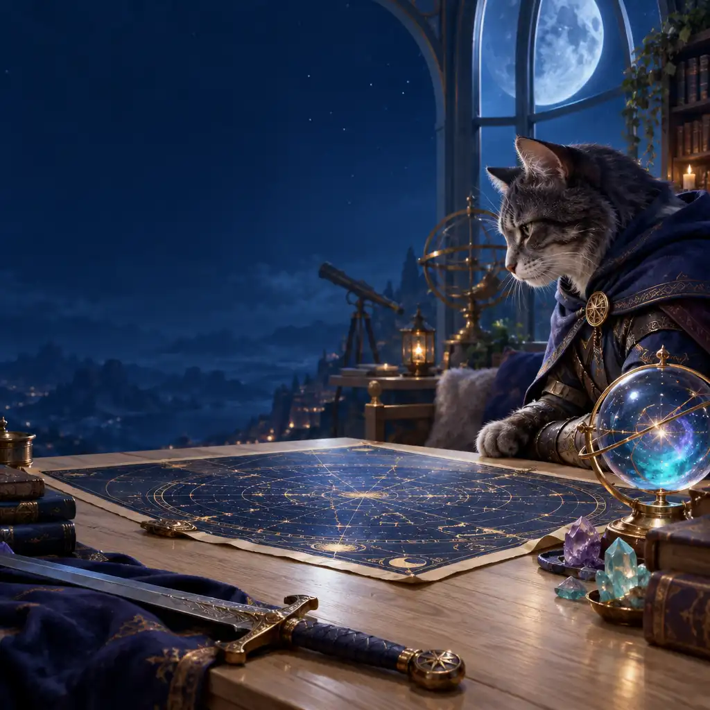Ilustração editorial de um gato cavaleiro a observar um mapa estelar num observatório lunar