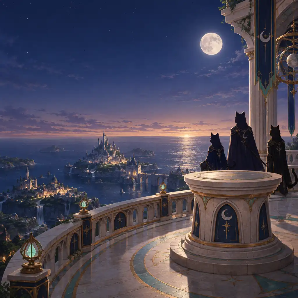 Arte editorial do Cat Kingdom ao luar, com um pedestal vazio e silhuetas de gatos cavaleiros